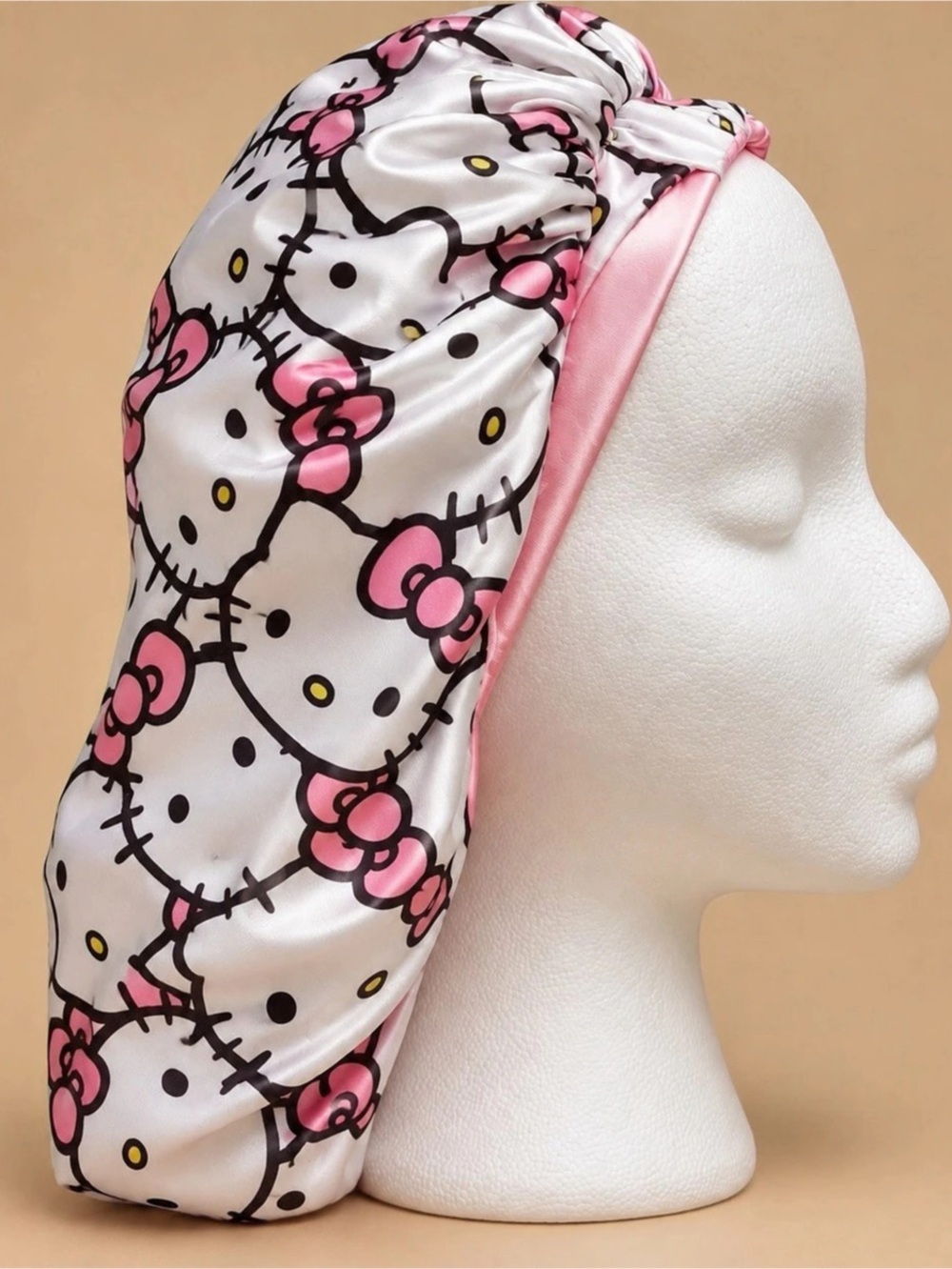 Hello Kitty Allover Print Satin Bonnet White & Pink